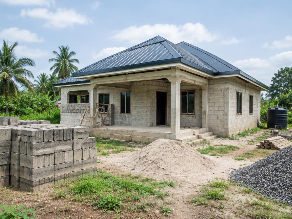Illustrative farmhouse under construction