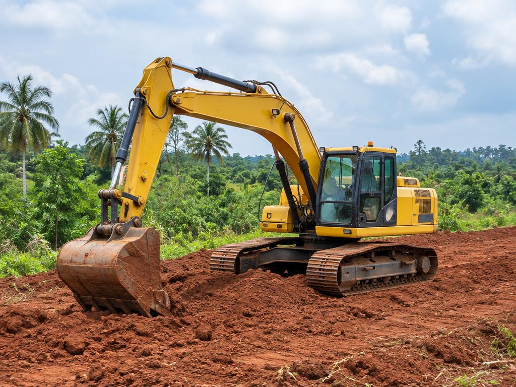 Illustrative excavator preparing rural land