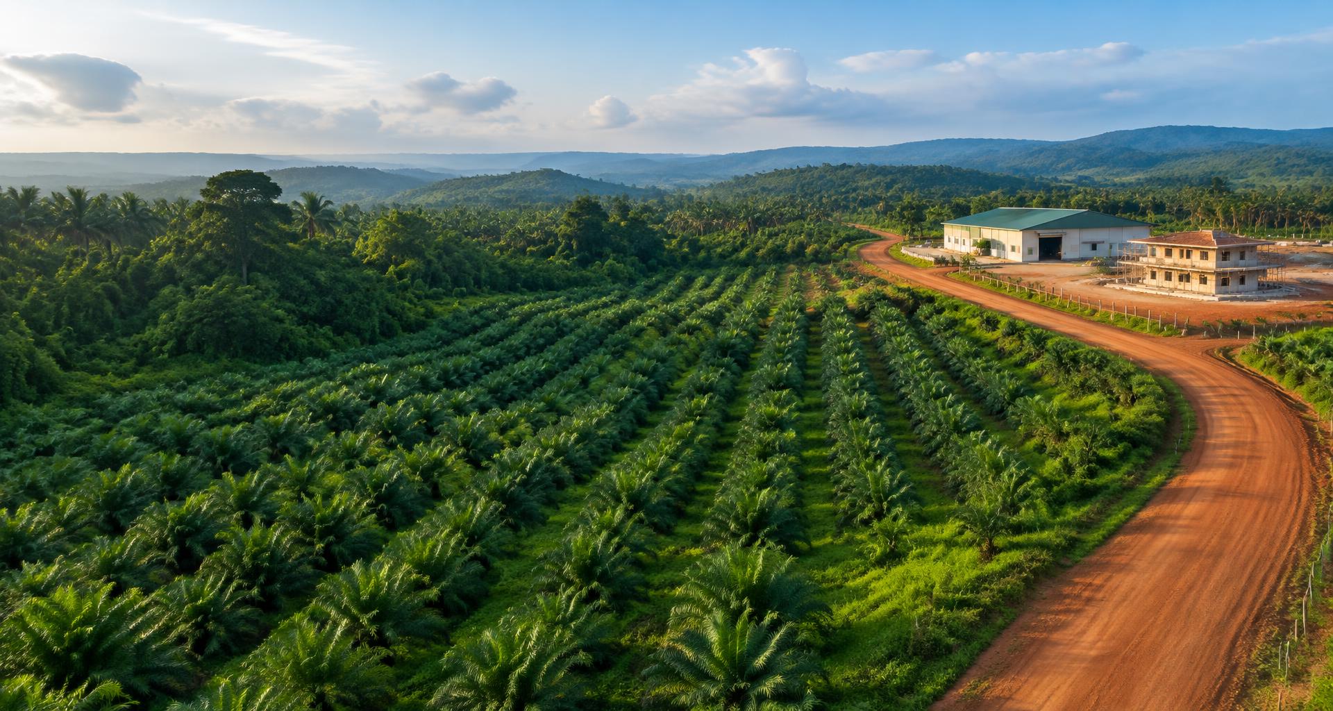 Illustrative farmland, plantation rows and agricultural infrastructure
